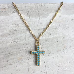 Tiny Turquoise Pave' stone Cross Necklace — Gold